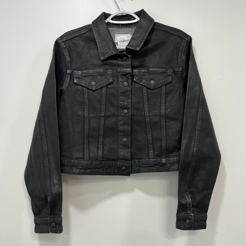 FRAME‎ Womens Denim Jacket Small NWT $348 Cropped Coated Button Collar Jean Noir